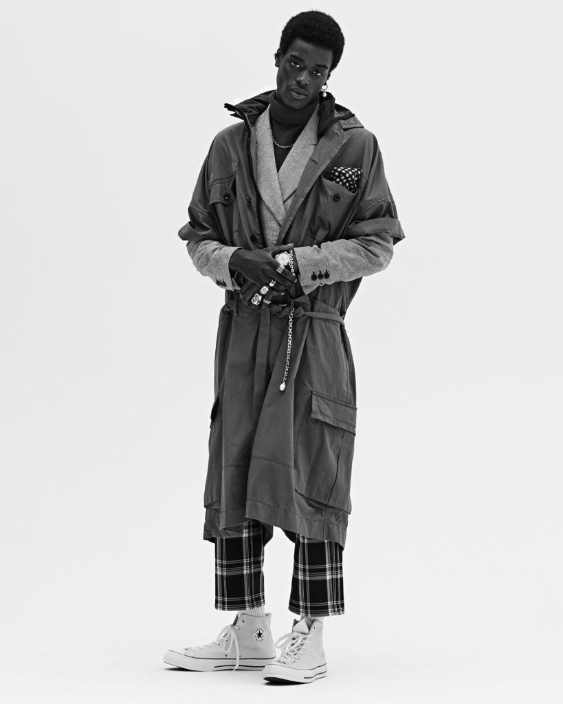  Babacar wears jumpsuit Sacai Jacket (worn under) Isabel Marant Sweater Gucci Pants Linder Shoes Converse Pocket square Joseph Abboud Bracelet (on waist) Givenchy Watch Omega Necklace, bracelet, rings (right ring and pinky fingers) Chrome Hearts Rings (left hand) model’s own