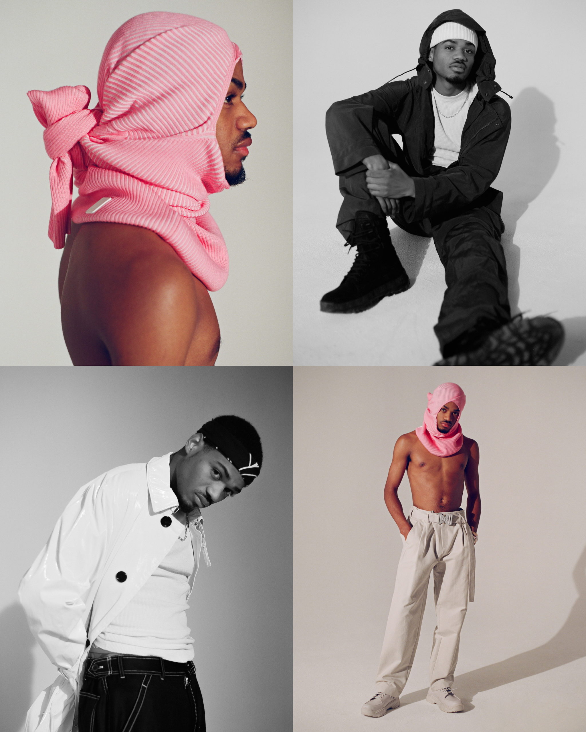  [Top Left & Bottom Right] Tyshawn wears all clothing and accessories Dior [Top Right] Tyshawn wears jumpsuit Ferragamo / necklace Cartier / shoes Versace / shirt and hat his own [Bottom Left] Coat Boss / bandana Tommy Hilfiger x Lewis Hamilton / necklace Cartier / pants Comme des garcons / shirt his own