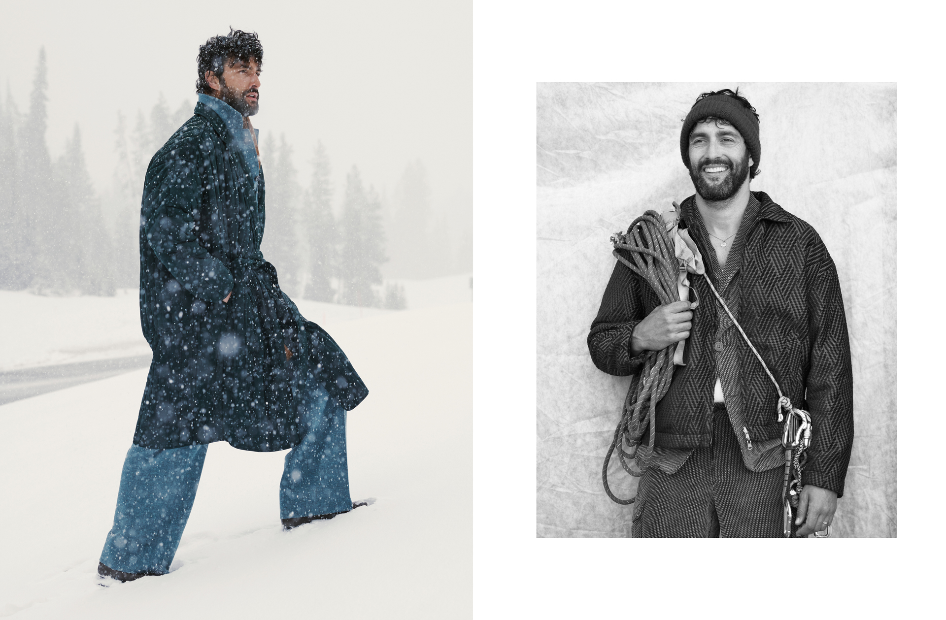  (Left) All clothing Ermenegildo Zegna, boots Danner Mountain // (Right) All clothing Giorgio Armani, Hat CELINE HOMME By Hedi Slimane, ring Bulgari, necklace stylist's own