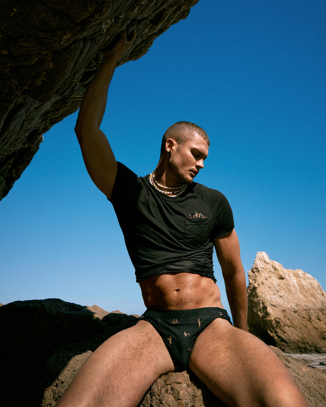  “Rock The Boat” Embroidered Raglan Tee & “Human Nature” Embroidered Swim Brief, BAJA EAST x C.BONZ  / necklaces, Brandon’s own